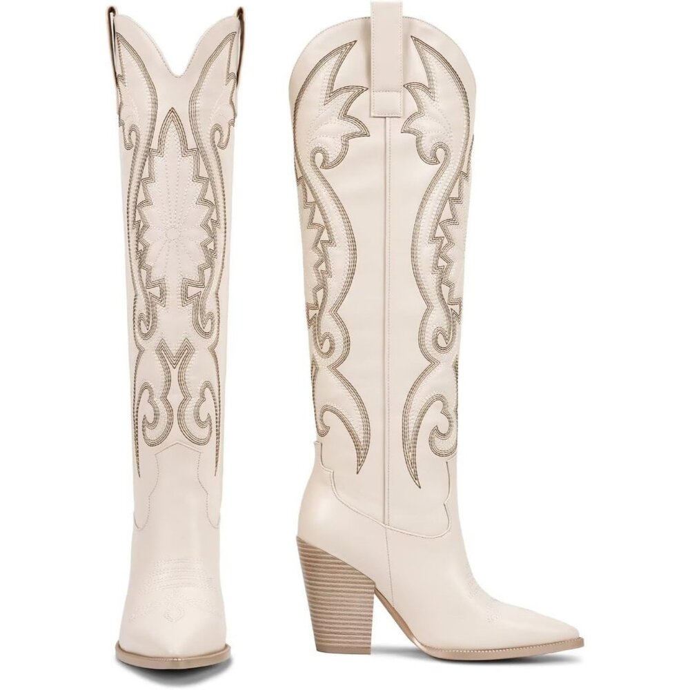 Women's Tan Knee High Western Embroidered Chunky Heel Tall Boots - Picture 2 of 6